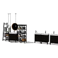 Modern Bathroom Vanity Cabinet With Round Mirror Shelving And Pendant Lights