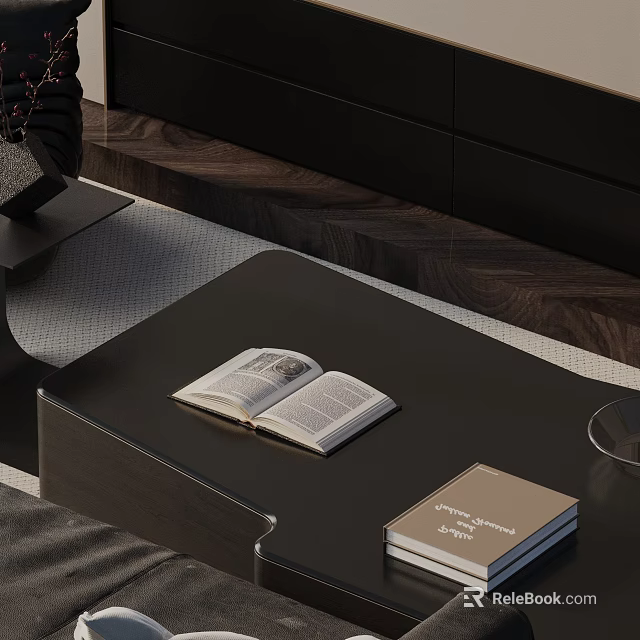 Modern Dark Sofa And Coffee Table Set With Open Book And Stacked Books 3d model 