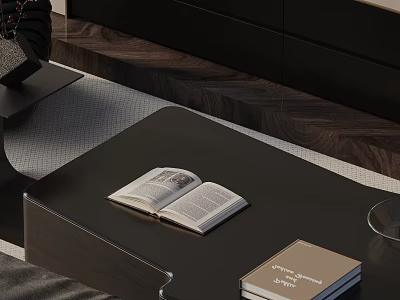 Modern Dark Sofa And Coffee Table Set With Open Book And Stacked Books 3d model