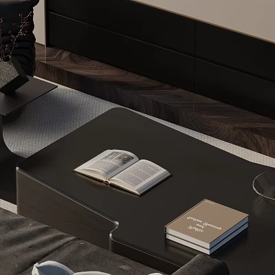 Modern Dark Sofa And Coffee Table Set With Open Book And Stacked Books 3d model