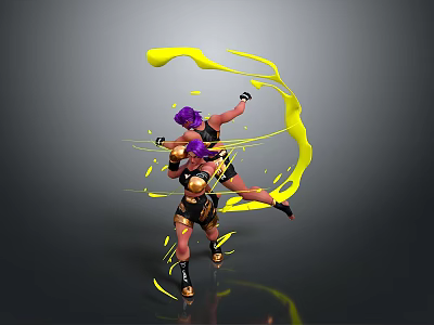 Dynamic Fighting Characters With Purple Hair Black Gold Outfits And Yellow Energy Effects 3d model