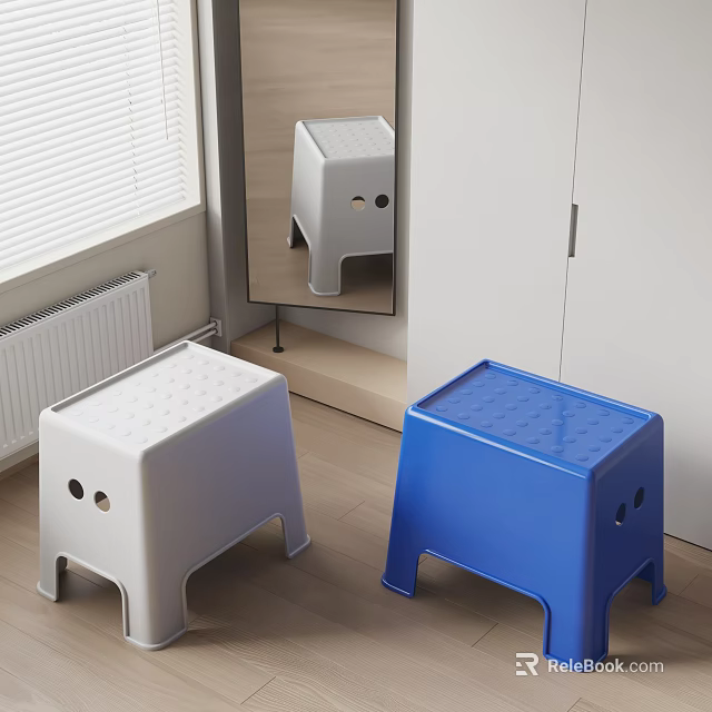White and Blue Plastic Stools with Textured Surface in Indoor Room 3d model