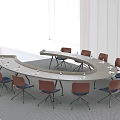 Conference Room Interior With Curved Wooden Table Red And Blue Chairs And Water Bottles