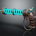 Steampunk Style Weapon With Coiled Blue Glowing Energy And Metallic Components