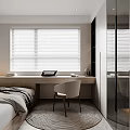 Modern Minimalist Bedroom With Glass Door Wardrobe Desk Chair And Gray Bedding
