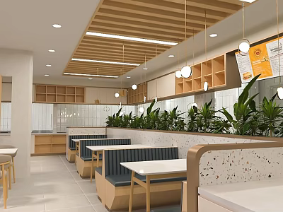 Modern Restaurant Interior With Open Layout Wooden Ceiling Green Plants And Dining Tables 3d model