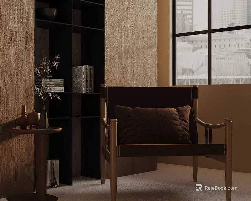Brown Accent Chair With Wooden Frame In Modern Interior With Side Table And Bookshelf 3d model 
