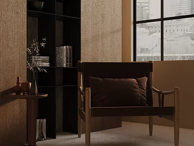 Brown Accent Chair With Wooden Frame In Modern Interior With Side Table And Bookshelf 3d model