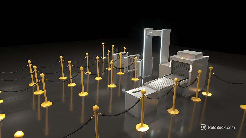 Public Facility Security Checkpoint With Metal Detector Gate Scanner And Golden Stanchions 3d model 