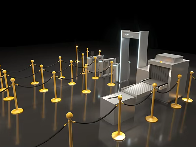Public Facility Security Checkpoint With Metal Detector Gate Scanner And Golden Stanchions 3d model