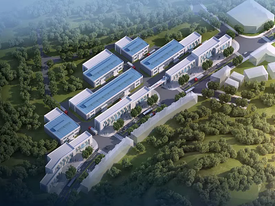 Modern Industrial Factory Complex With Multiple Buildings Blue Roofs And Greenery Surroundings 3d model