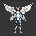 Winged Fantasy Warrior In Blue White Armor With Large White Wings Standing