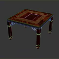 Red Wooden Square Stool With Carved Legs And Decorative Top Pattern Design