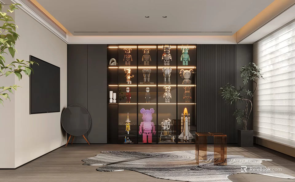 Modern Study Room Interior Design With Open Layout And Wooden Bookshelves 3d model 