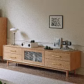 Modern Wooden TV Stand With Drawers Glass Door Table Lamp Radio And Photo Frame