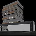 Modern Multi Storey Office Building With Glass Facade And Adjacent Low Structure Fronting Road 3d model