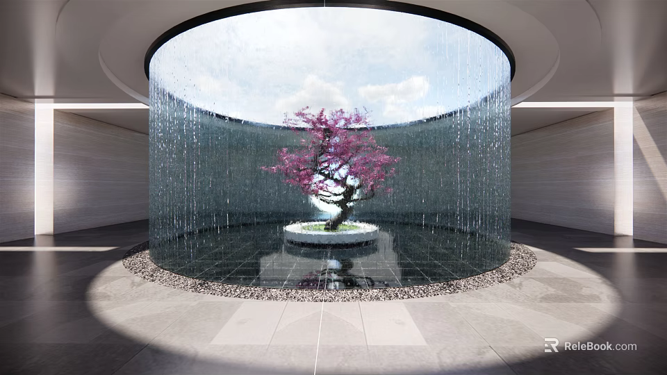 Serene Garden Ornament with Circular Water Curtain Pink Flowering Tree and Pebble Surroundings 3d model 