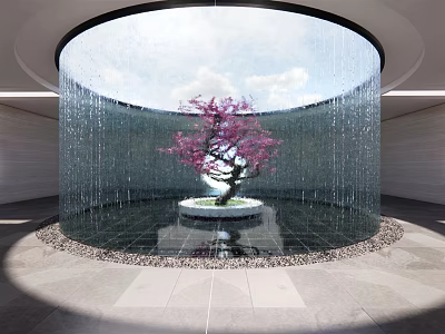 Serene Garden Ornament with Circular Water Curtain Pink Flowering Tree and Pebble Surroundings 3d model