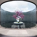 Serene Garden Ornament with Circular Water Curtain Pink Flowering Tree and Pebble Surroundings