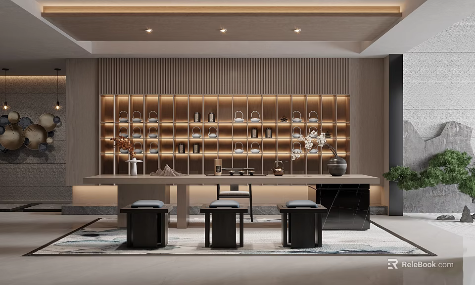 Modern Open Tea Room Interior With Tea Table Stools And Tea Utensils Display Shelf 3d model