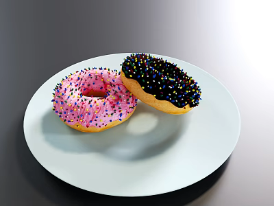 Delicious Donuts With Pink And Black Frosting Topped With Colorful Sprinkles On White Plate 3d model