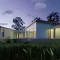 Modern Minimalist White House Exterior With Lawn Trees Blue Sky And Wooden Steps