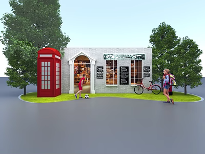 Cozy Café Bistro Exterior With Red Telephone Booth Children Bicycle And Trees 3d model