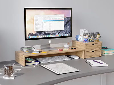 Functional Desk with Monitor on Wooden Stand Drawers and Organizing Office Supplies Notebook Pen Books 3d model