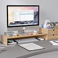 Functional Desk with Monitor on Wooden Stand Drawers and Organizing Office Supplies Notebook Pen Books