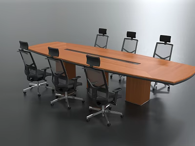 Long Wooden Conference Table With Black Mesh Back Wheeled Chairs In Gray Office 3d model