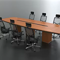 Long Wooden Conference Table With Black Mesh Back Wheeled Chairs In Gray Office