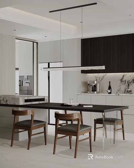 Modern Restaurant Kitchen With Open Layout Marble Island And Hanging Lights 3d model