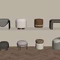Modern Designed Stools with Various Colors and Materials on Shelf and Floor 3d model