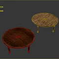 Two Round Wooden Coffee Tables With Carved Edges And Slim Legs On Dark Background