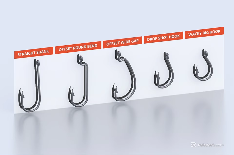 Various Fishing Hook Types Straight Shank Offset Round Bend Drop Shot Wacky Rig 3d model 
