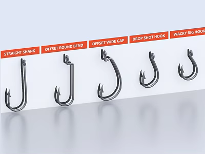 Various Fishing Hook Types Straight Shank Offset Round Bend Drop Shot Wacky Rig 3d model