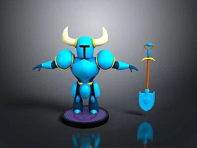Blue Horned Armored Character 3D Model With Outstretched Arms And Shovel 3d model