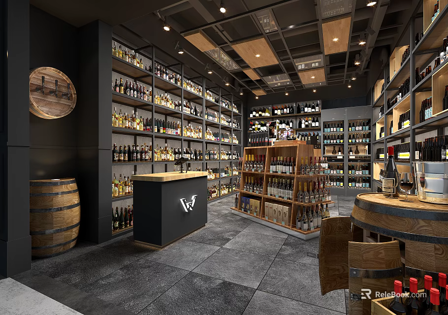 Wine Store Interior With Wooden Barrels Racks And Displayed Wine Bottles 3d model 