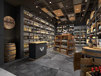 Wine Store Interior With Wooden Barrels Racks And Displayed Wine Bottles 3d model
