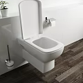White Toilet With Open Lid Toilet Paper Holder And Brush On Wooden Floor
