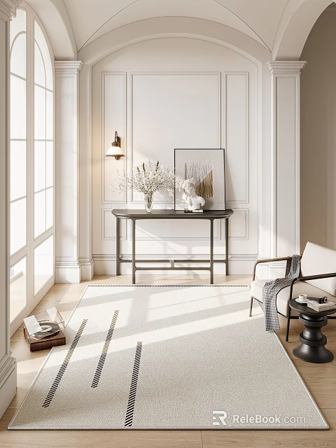 Elegant Modern Entryway Hallway Design With Wainscoting Wall Lamp Console Table Artwork And Area Rug 3d model 