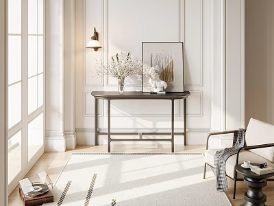 Elegant Modern Entryway Hallway Design With Wainscoting Wall Lamp Console Table Artwork And Area Rug 3d model