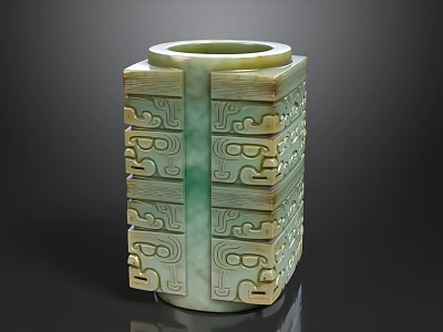 Exquisite Green Jade Square Vase With Intricate Traditional Carved Patterns Design 3d model