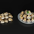 Golden And Silver Dumplings On Plates With Green Garnish And Delicious Look