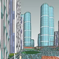 Modern High Rise Office Buildings With Glass Facade And Urban Green Courtyard