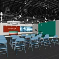 Conference Room With Blue Chairs Podium Red And Green Screens Ceiling Lights And Gray Carpet