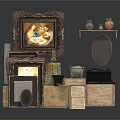 Vintage Household Items Display With Ceramic Vases Photo Frames Bowls And Wooden Cabinets