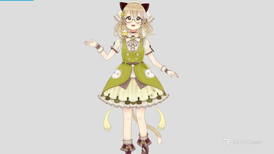 Game Anime Character With Cat Ears Blonde Curly Hair And Green Yellow Dress 3d model 