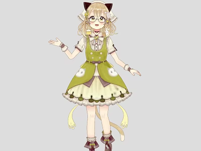 Game Anime Character With Cat Ears Blonde Curly Hair And Green Yellow Dress 3d model