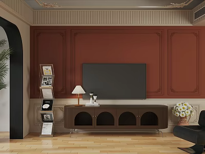 Elegant Dark Brown Wooden TV Cabinet With Maroon Walls Decorative Moldings And Table Lamp 3d model